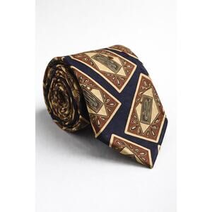 Jacques Estier Woven 100% Silk Tie Mens Blue Gold Geometric Medallion Made Italy